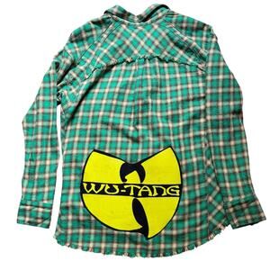 Wu Tang flannel upcycle green and yellow raw hem